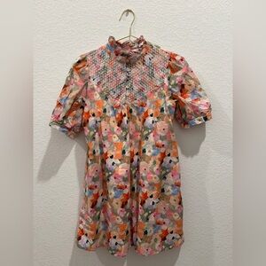 Lovelo Take The Hint pink abstract painted smocked floral mini dress cotton